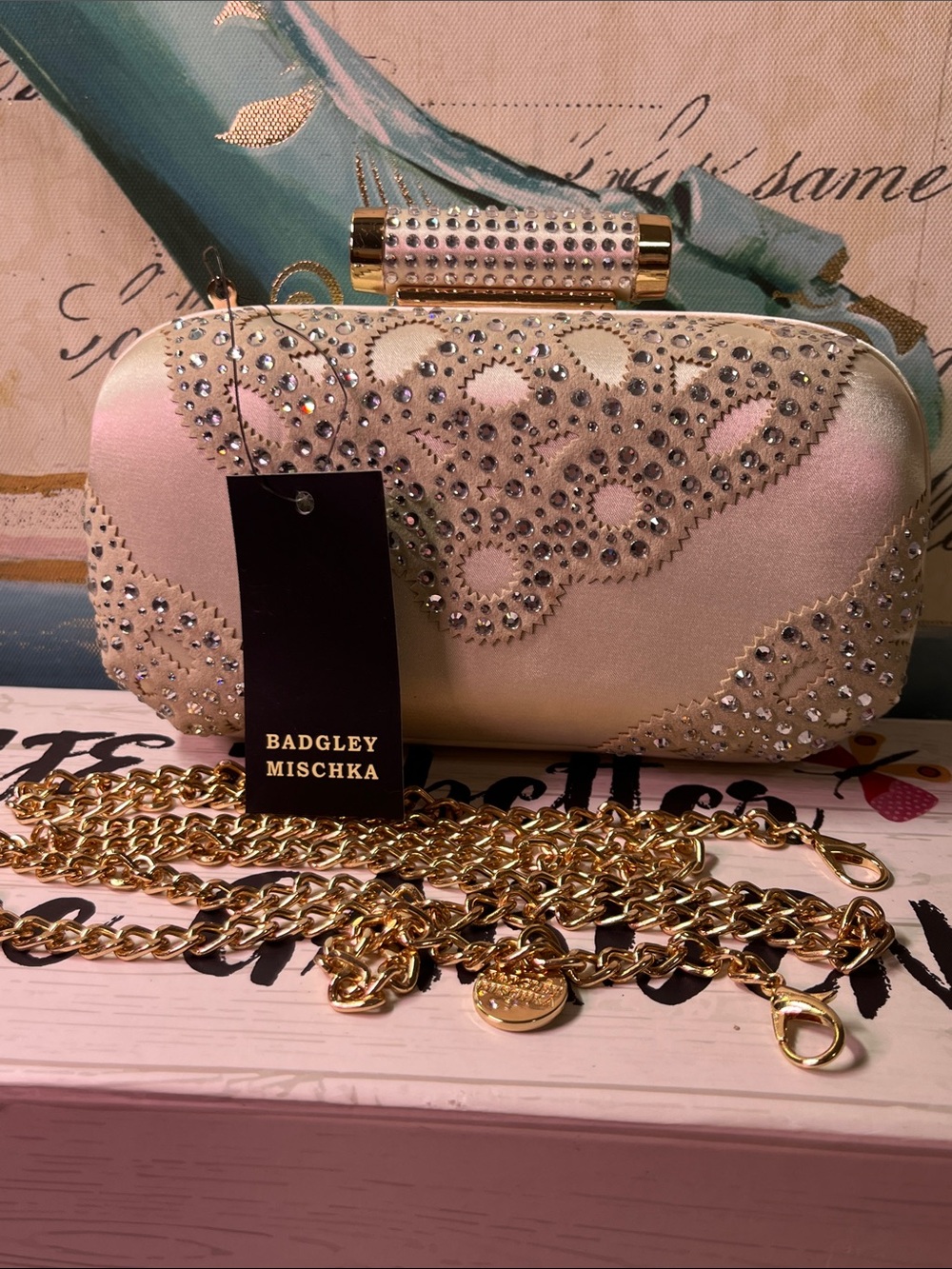 Badgley Mischka Satin Crystal-Embellished Evening Clutch with Gold Chain